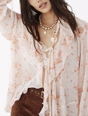 Free People DREAMLAND Sheer Ruffle Tie-Neck Poets Blouse in Soft Peach Floral XS